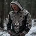 Easywear Vintage Viking Dark Skull And Cross Pattern Men's Hooded Sweater