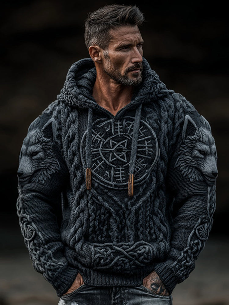 Easywear Pull Viking Vegvisir Homme à Capuche Tricot Jacquard Loup & Nœud Celtique