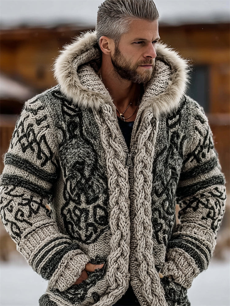 Easywear Men's Viking Totem Celtic Chunky Cozy Fur Hooded Cardigan