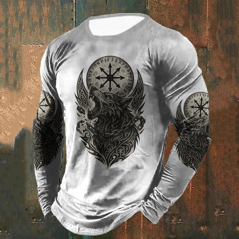Comstylish Retro Viking Wolf Graphics Long-sleeved T-shirt