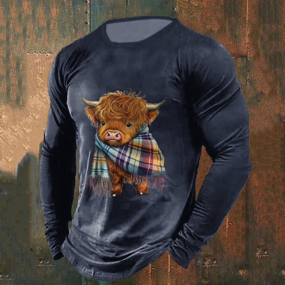 Comstylish Men's Highland Cow Print Crew Neck Casual T-Shirt