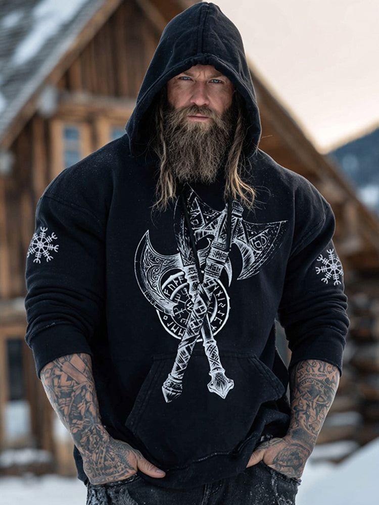Comstylish Men's Retro Viking Vegvisir With Axe Print Graphic Hoodie