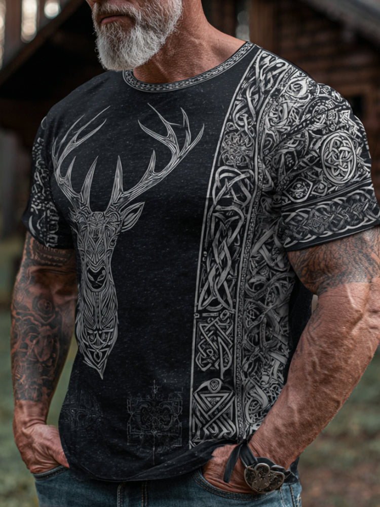 Comstylish Viking Deer Pattern And Celtic Knot Art Distressed Round Neck Short Sleeve