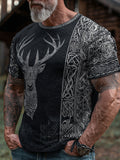 Comstylish Viking Deer Pattern And Celtic Knot Art Distressed Round Neck Short Sleeve