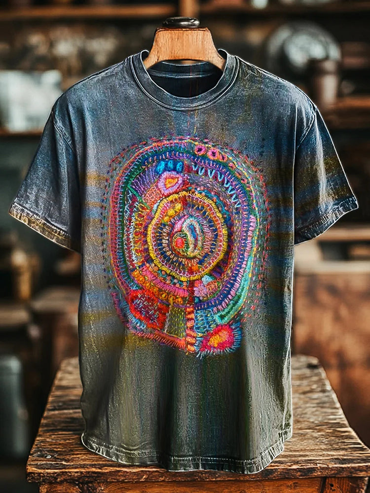 Comstylish Unisex Vintage Line Embroidery Print Casual Loose Short Sleeve T-shirt