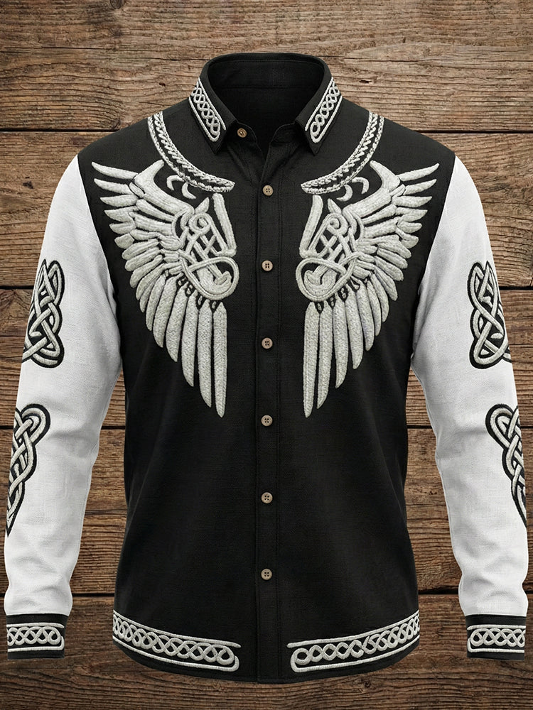 Comstylish Men's Viking Tribal Jacquard Celtic With Wings Inspired Art Casual Shirts