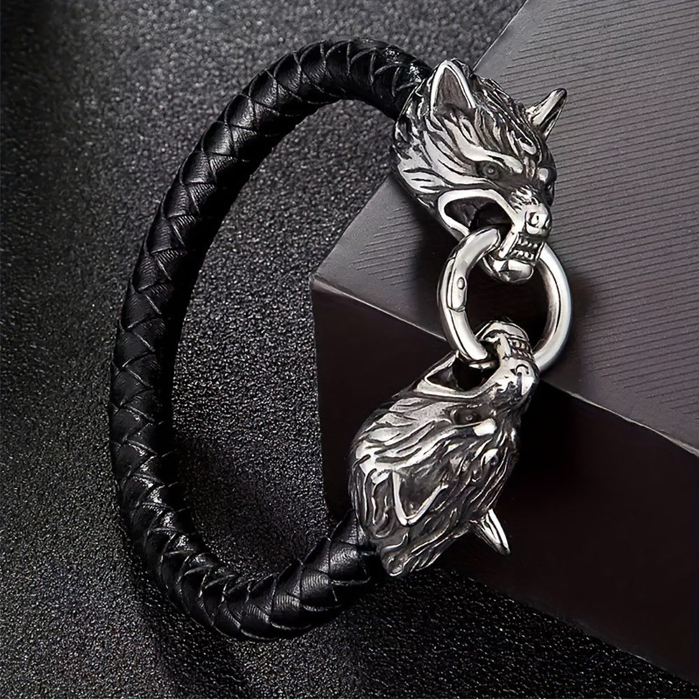 Comstylish Viking Wolf Head Handmade Leather Bracelet