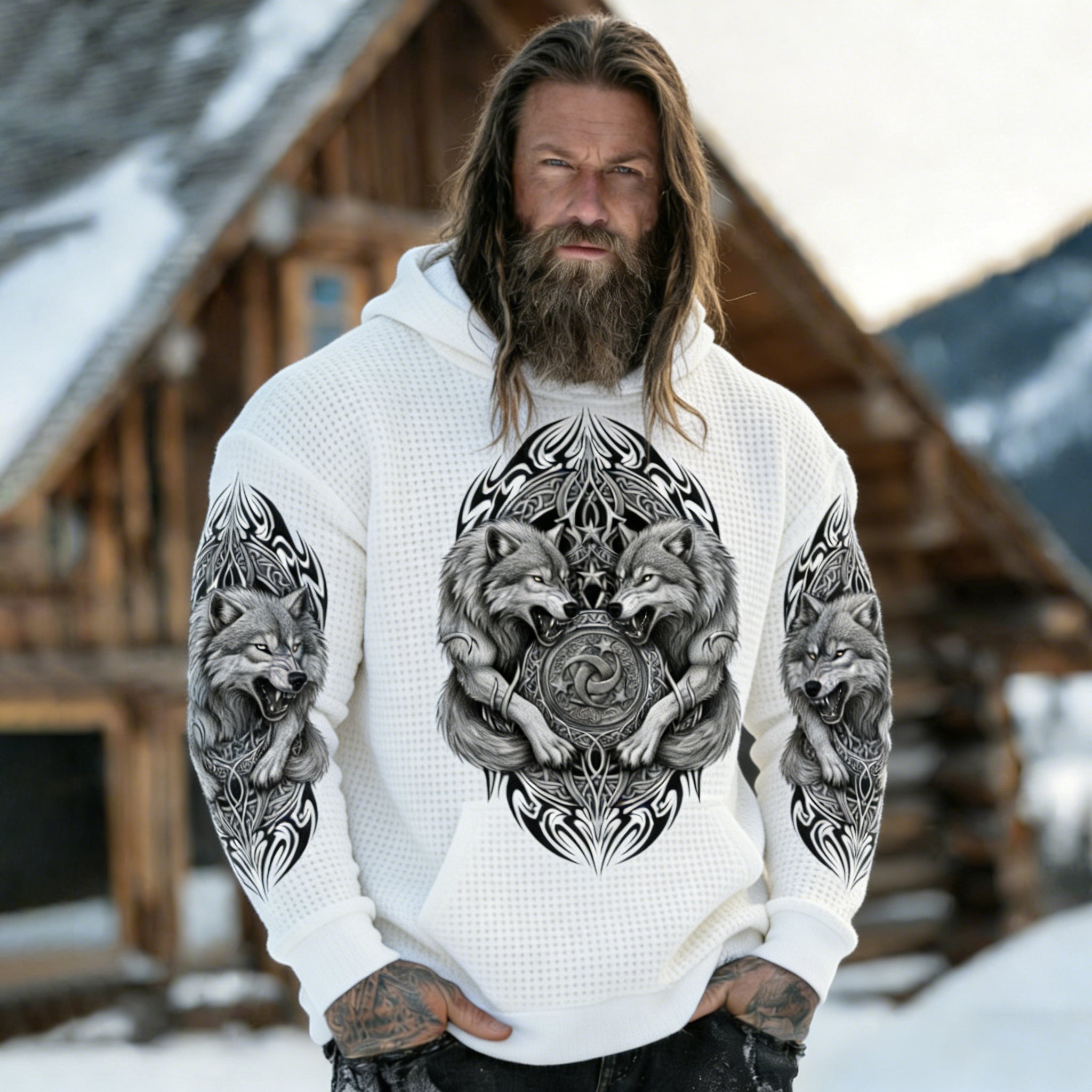 Comstylish Men's Retro Viking Wolf With Flame Print Graphic Waffle Knit Hoodie