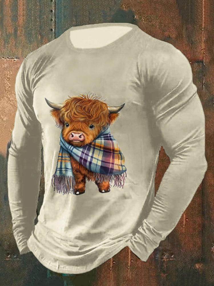 Comstylish Men's Highland Cow Print Crew Neck Casual T-Shirt
