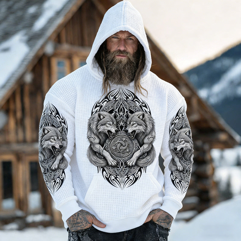 Comstylish Men's Retro Viking Wolf With Flame Print Graphic Waffle Knit Hoodie