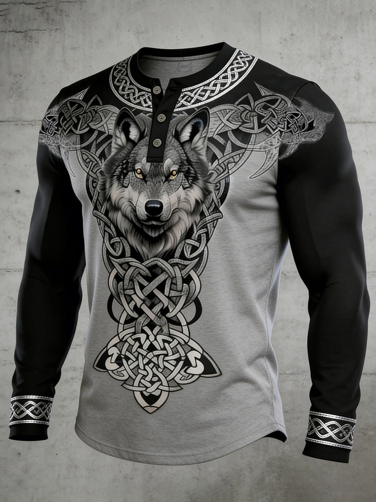 Comstylish Men's Retro Viking Wolf With Celtic Knot Print Graphic Henley Collar T-shirt