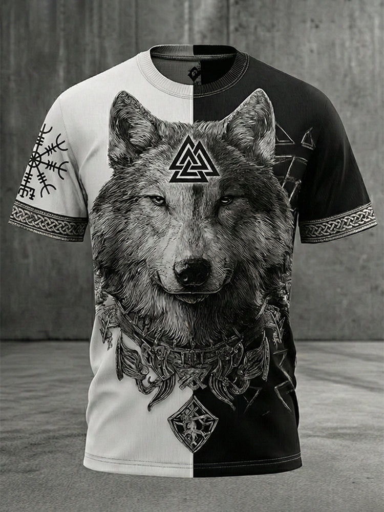 Comstylish Men's Retro Viking Wolf Rune Yingyang Print Short-sleeve T-shirt