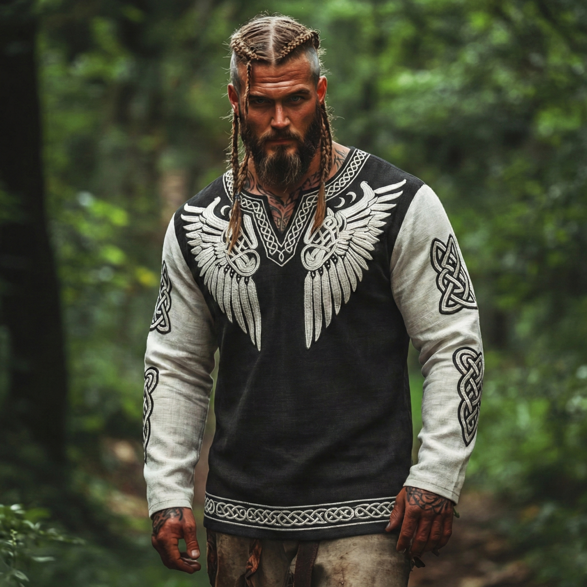 Comstylish Men's Viking Tribal Jacquard Celtic With Wings Inspired Art Casual Linen Tops