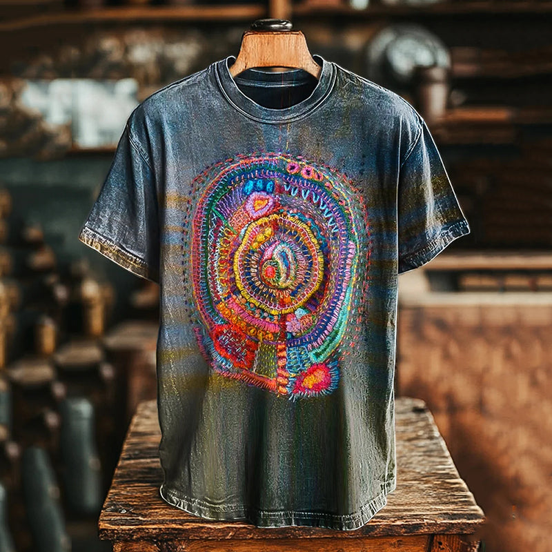 Comstylish Unisex Vintage Line Embroidery Print Casual Loose Short Sleeve T-shirt