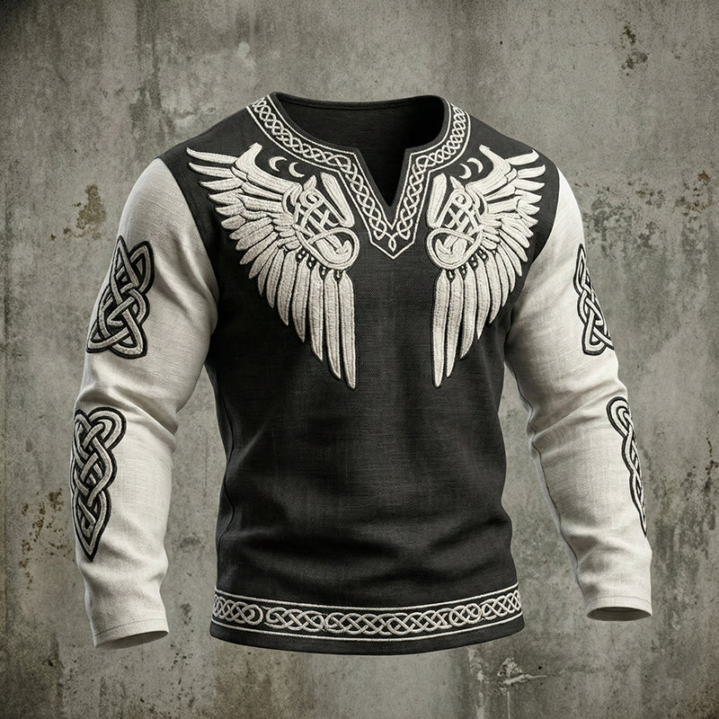 Comstylish Men's Viking Tribal Jacquard Celtic With Wings Inspired Art Casual Linen Tops