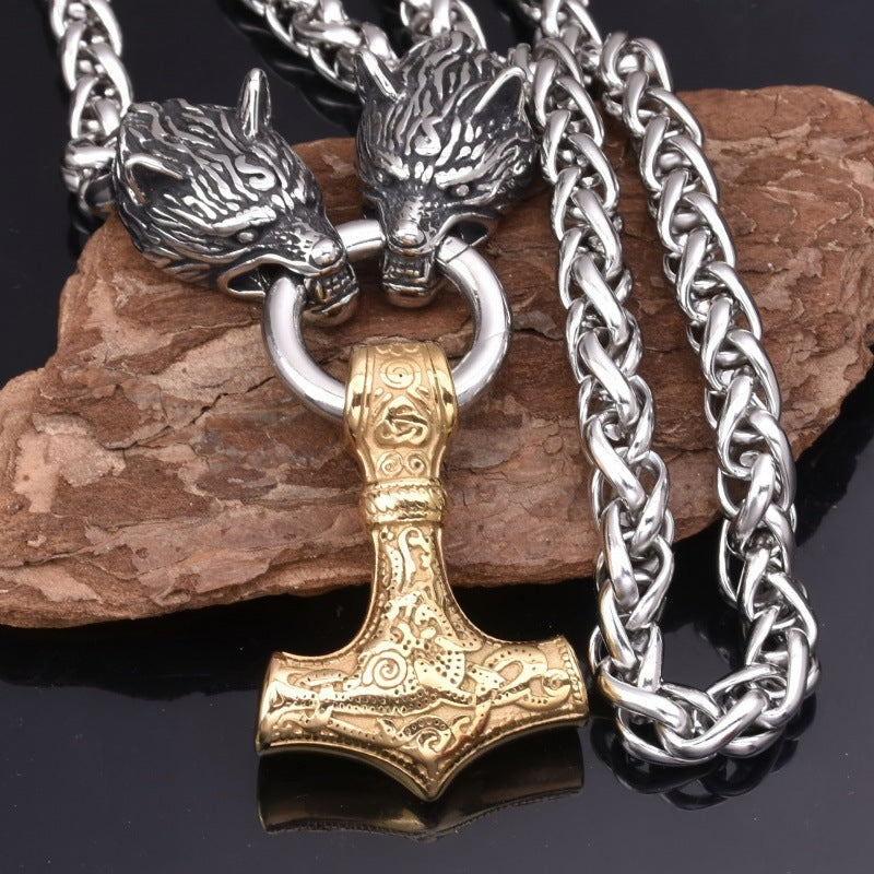 Comstylish Viking Wolf Head Thor's Hammer Pendant Necklace
