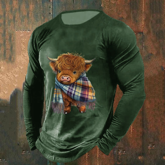 Comstylish Men's Highland Cow Print Crew Neck Casual T-Shirt