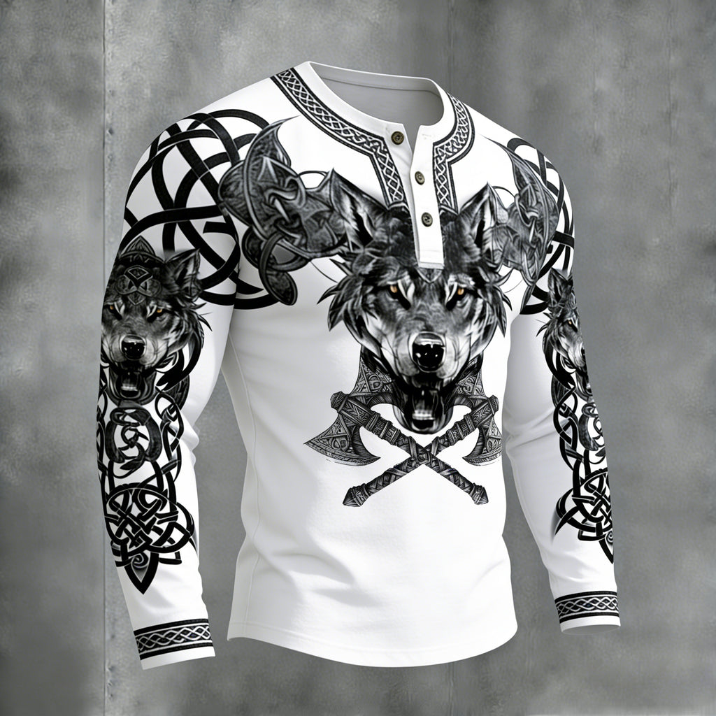 Comstylish Men's Retro Viking Celtic Wolf With Axe Print Graphic Henley Collar T-shirt