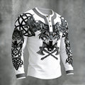 Comstylish Men's Retro Viking Celtic Wolf With Axe Print Graphic Henley Collar T-shirt