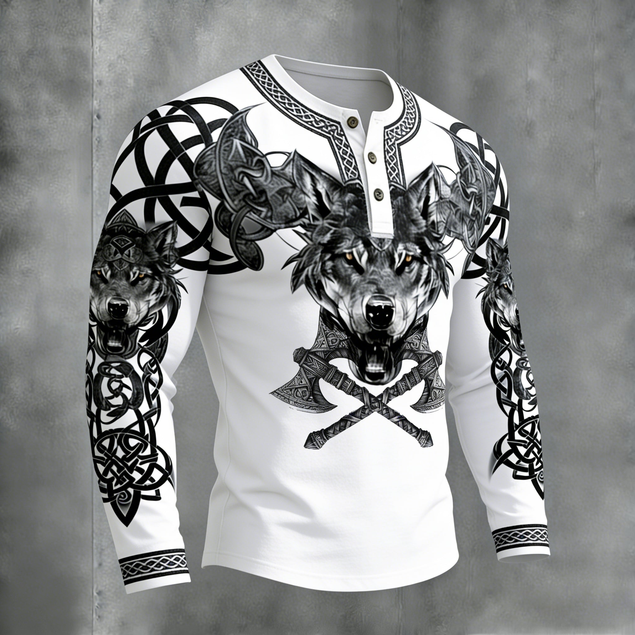 Comstylish Men's Retro Viking Celtic Wolf With Axe Print Graphic Henley Collar T-shirt