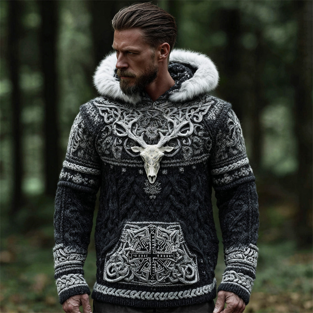 Easywear Viking Tribe Skull Deer Head Art Men's Knit Hooded Sweater