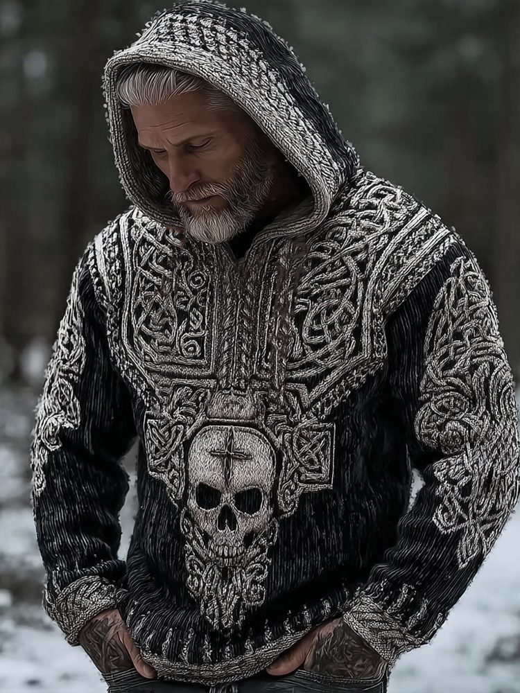 Easywear Vintage Viking Dark Skull And Cross Pattern Men's Hooded Sweater