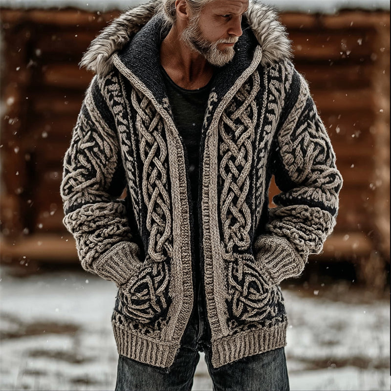 Easywear Men's Viking Celtic Knot Chunky Cozy Fur Hooded Cardigan