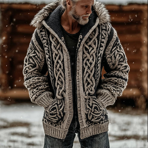 Easywear Men's Viking Celtic Knot Chunky Cozy Fur Hooded Cardigan