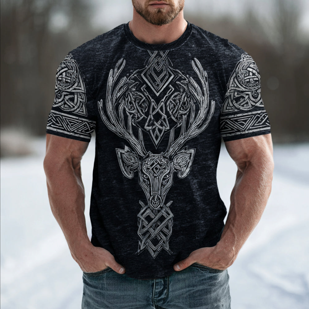 Comstylish Viking Deer Pattern And Celtic Knot Round Neck Short Sleeve